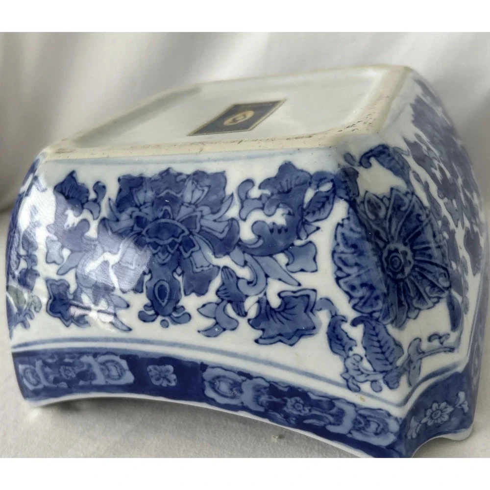 Chinese White and Blue SQUARE BOWL with Split Corners Large 8 3/4 Inch Heavy